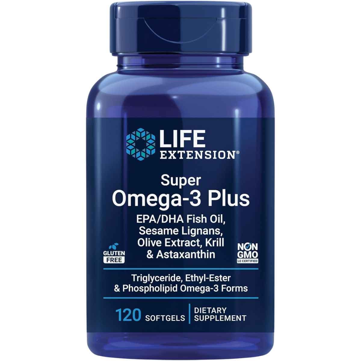 Frasco de suplemento Life Extension Super Omega-3 Plus Aceite Pescado 120 cápsulas blandas