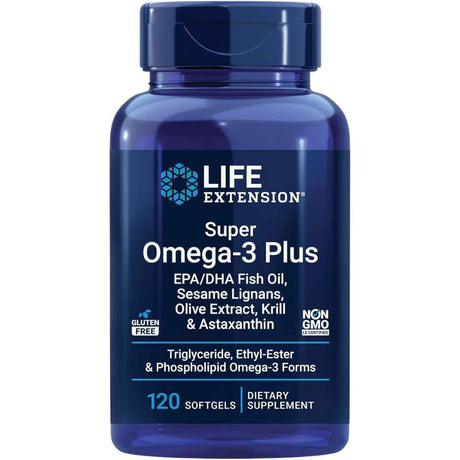 Frasco de suplemento Life Extension Super Omega-3 Plus Aceite Pescado 120 cápsulas blandas
