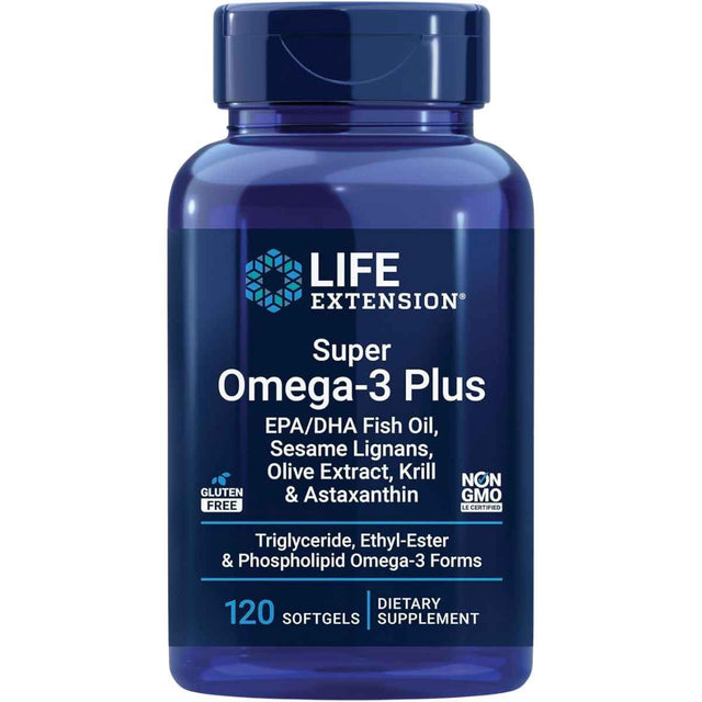 Frasco de suplemento Life Extension Super Omega-3 Plus Aceite Pescado 120 cápsulas blandas