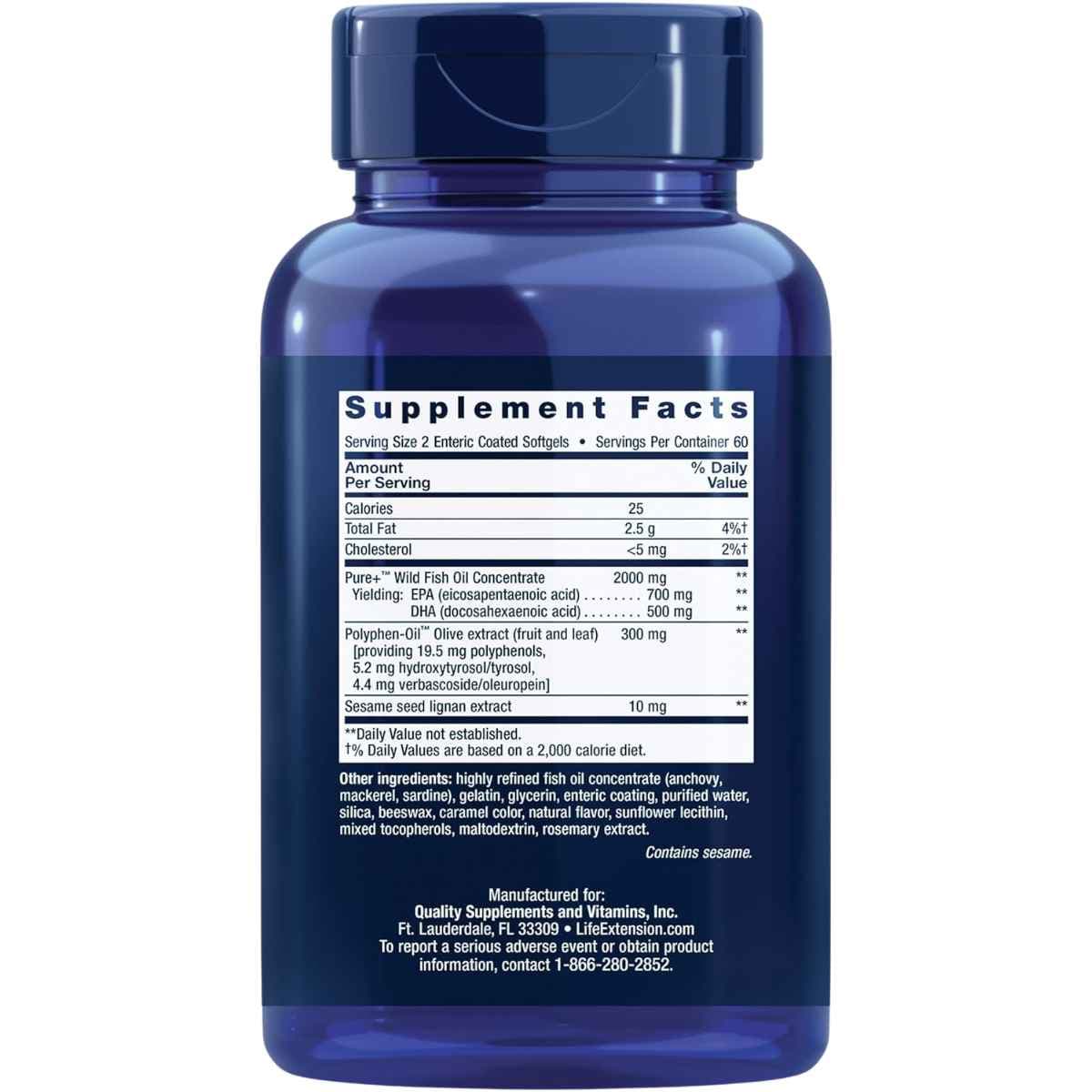 Tabla nutricional del suplemento Life Extension Super Omega-3 EPA/DHA 120 cápsulas blandas