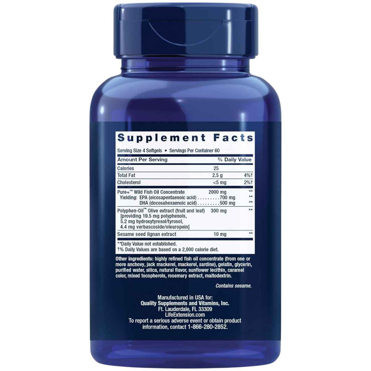 Etiqueta Supplement Facts de Life Extension Super Omega-3, presentación de 240 cápsulas blandas.