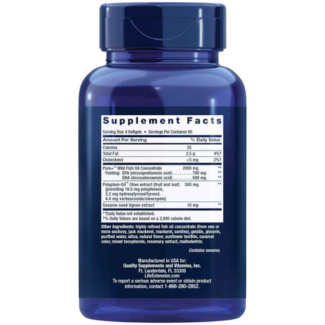 Etiqueta Supplement Facts de Life Extension Super Omega-3, presentación de 240 cápsulas blandas.