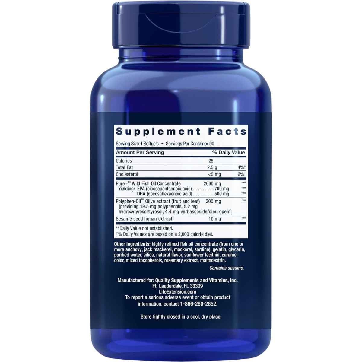 Etiqueta Supplement Facts de Life Extension Super Omega-3, presentación de 360 cápsulas blandas.