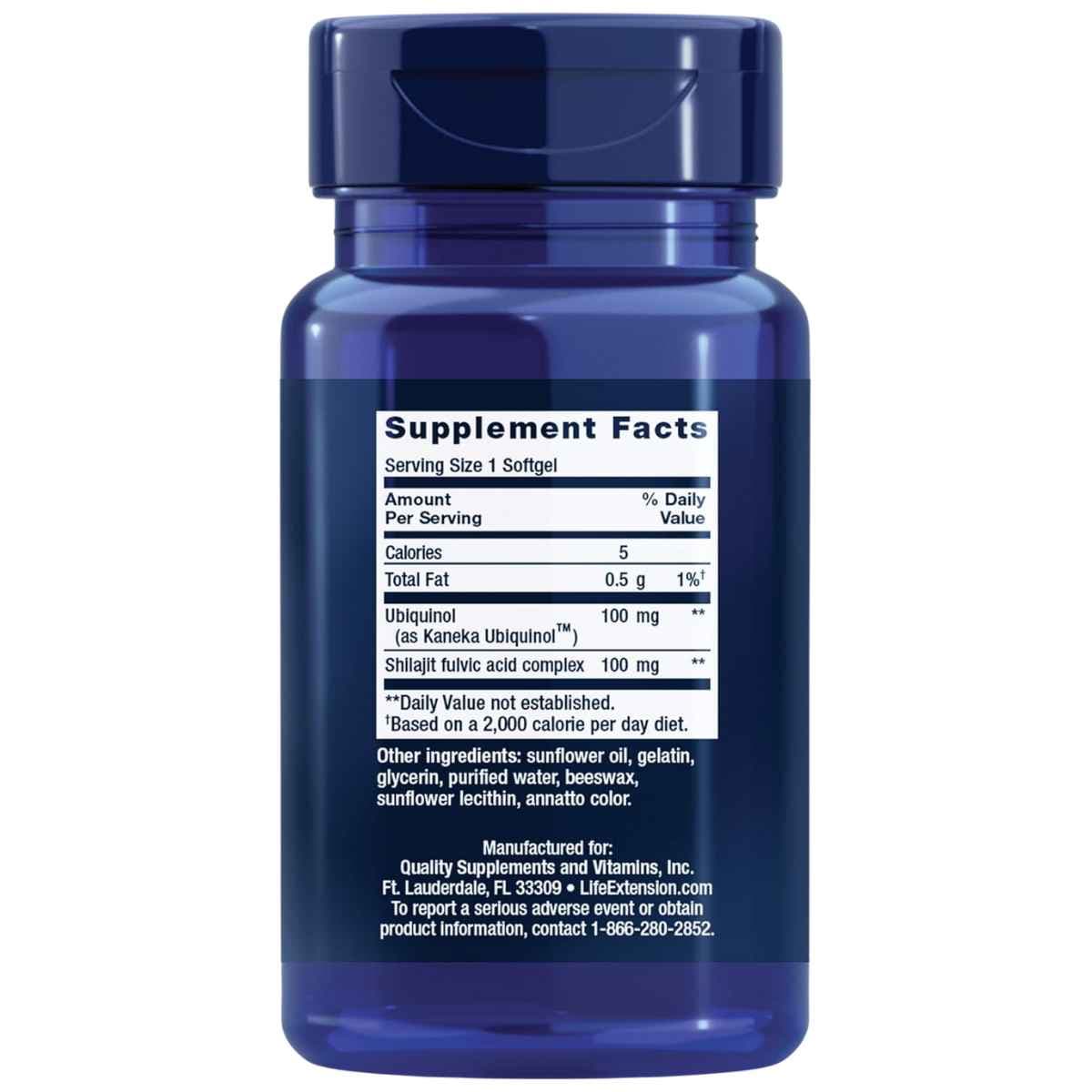Tabla nutricional del suplemento Life Extension Super Ubiquinol CoQ10 100 mg 30 cápsulas blandas