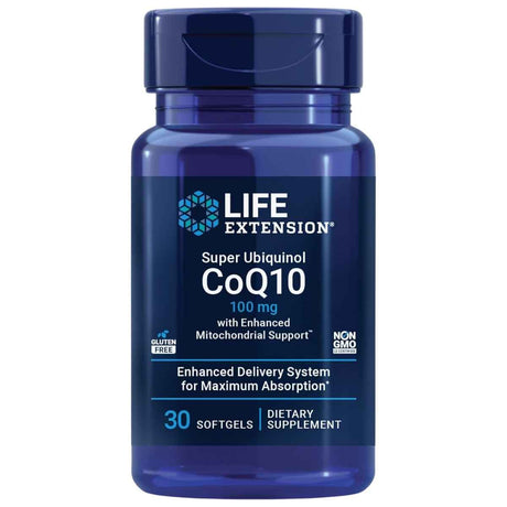 Frasco de suplemento Life Extension Super Ubiquinol CoQ10 100 mg 30 cápsulas blandas
