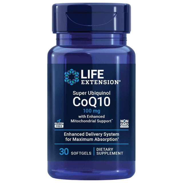 Frasco de suplemento Life Extension Super Ubiquinol CoQ10 100 mg 30 cápsulas blandas