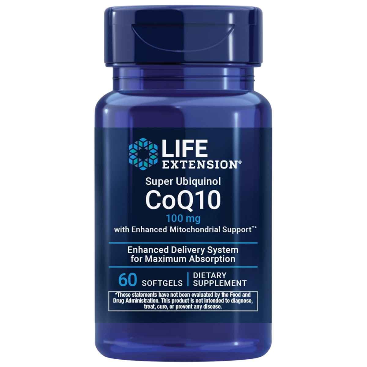 Frasco de suplemento Life Extension Super Ubiquinol CoQ10 100 mg 60 cápsulas blandas