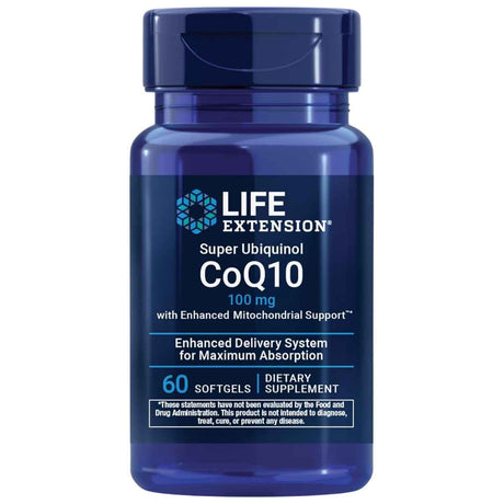 Frasco de suplemento Life Extension Super Ubiquinol CoQ10 100 mg 60 cápsulas blandas