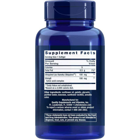 Tabla nutricional del suplemento Life Extension Super Ubiquinol CoQ10 100 mg 90 cápsulas blandas