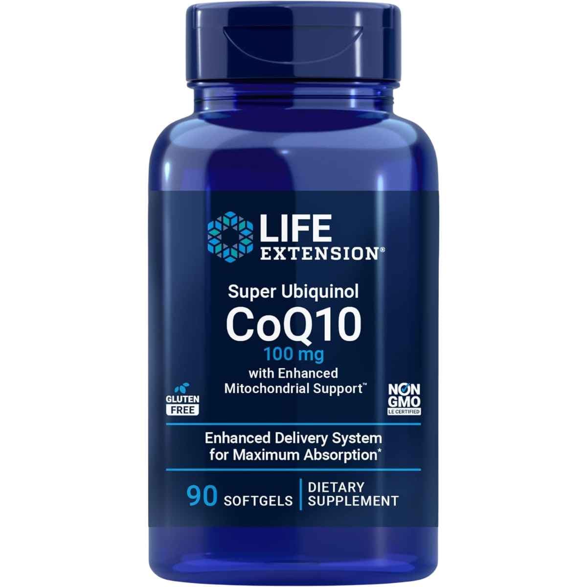 Frasco de suplemento Life Extension Super Ubiquinol CoQ10 100 mg 90 cápsulas blandas