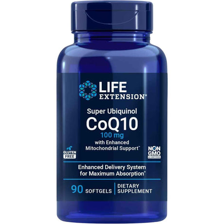Frasco de suplemento Life Extension Super Ubiquinol CoQ10 100 mg 90 cápsulas blandas