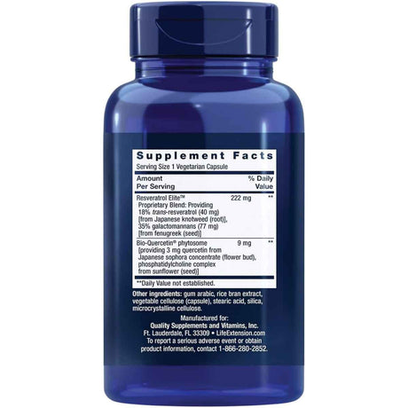 abla nutricional del suplemento Life Extension Trans-resveratrol 250 mg 60 cápsulas