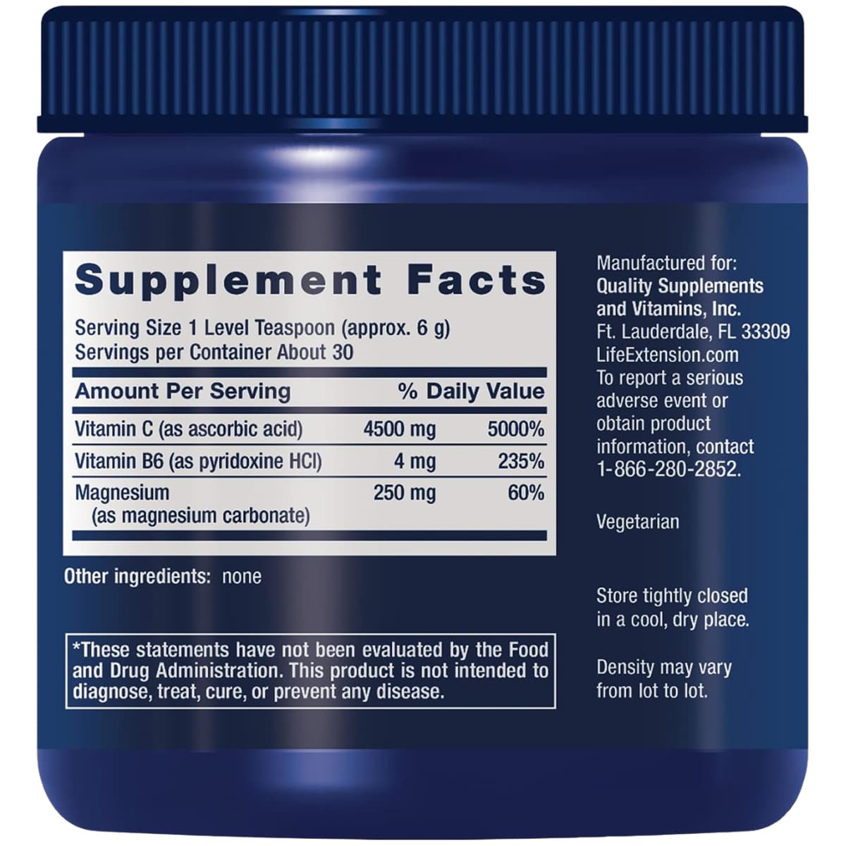 Información del suplemento de Life Extension vitamina C efervescente con magnesio, 180 g
