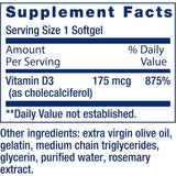 Tabla nutricional del suplemento Life Extension Vitamina D3 175 mcg 60 cápsulas blandas