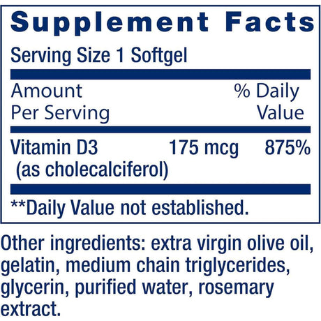 Tabla nutricional del suplemento Life Extension Vitamina D3 175 mcg 60 cápsulas blandas