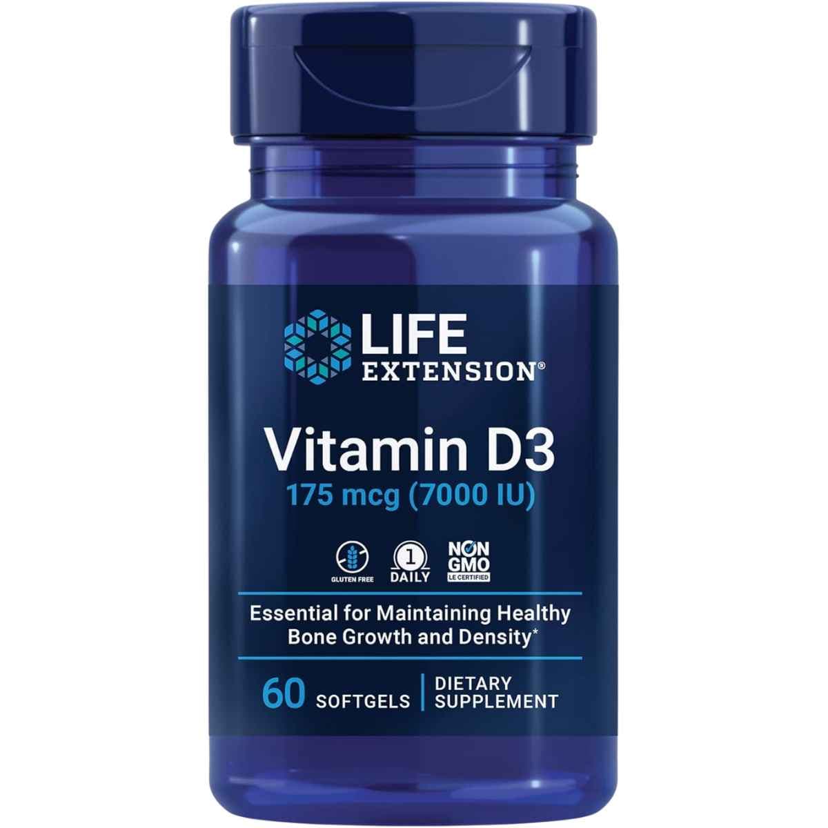 Frasco de suplemento Life Extension Vitamina D3 175 mcg 60 cápsulas blandas