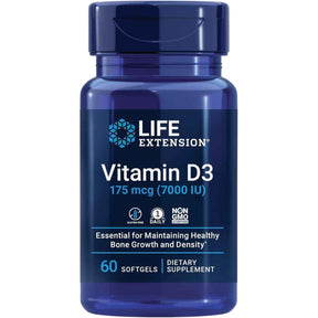 Frasco de suplemento Life Extension Vitamina D3 175 mcg 60 cápsulas blandas