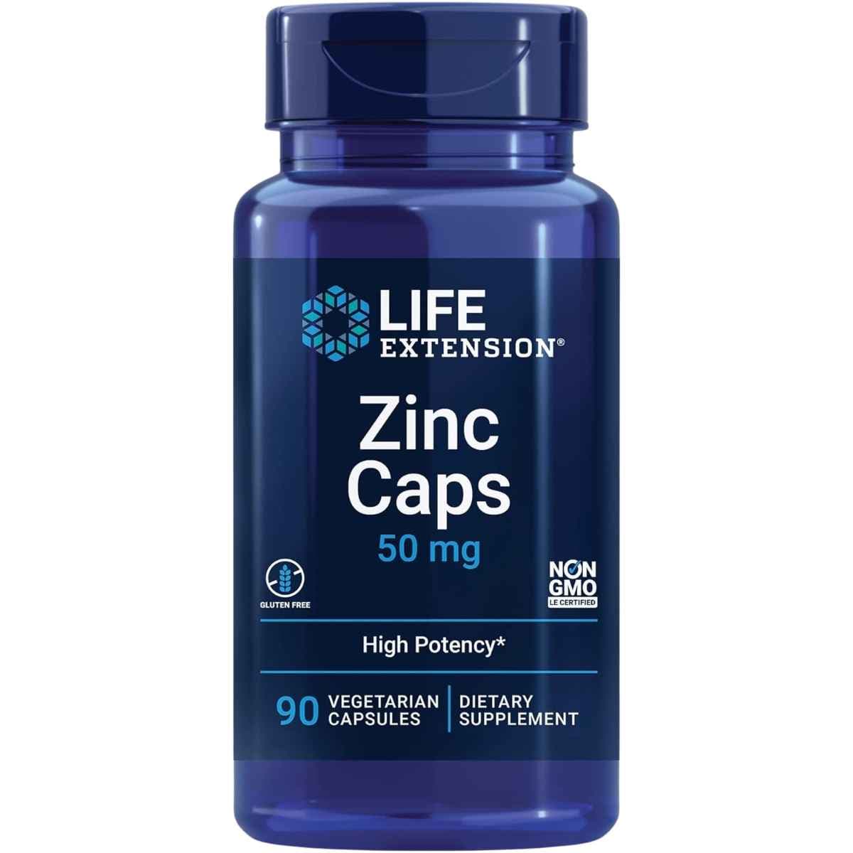 Frasco de suplemento Life Extension Zinc Caps 50 mg 90 Cápsulas Vegetarianas