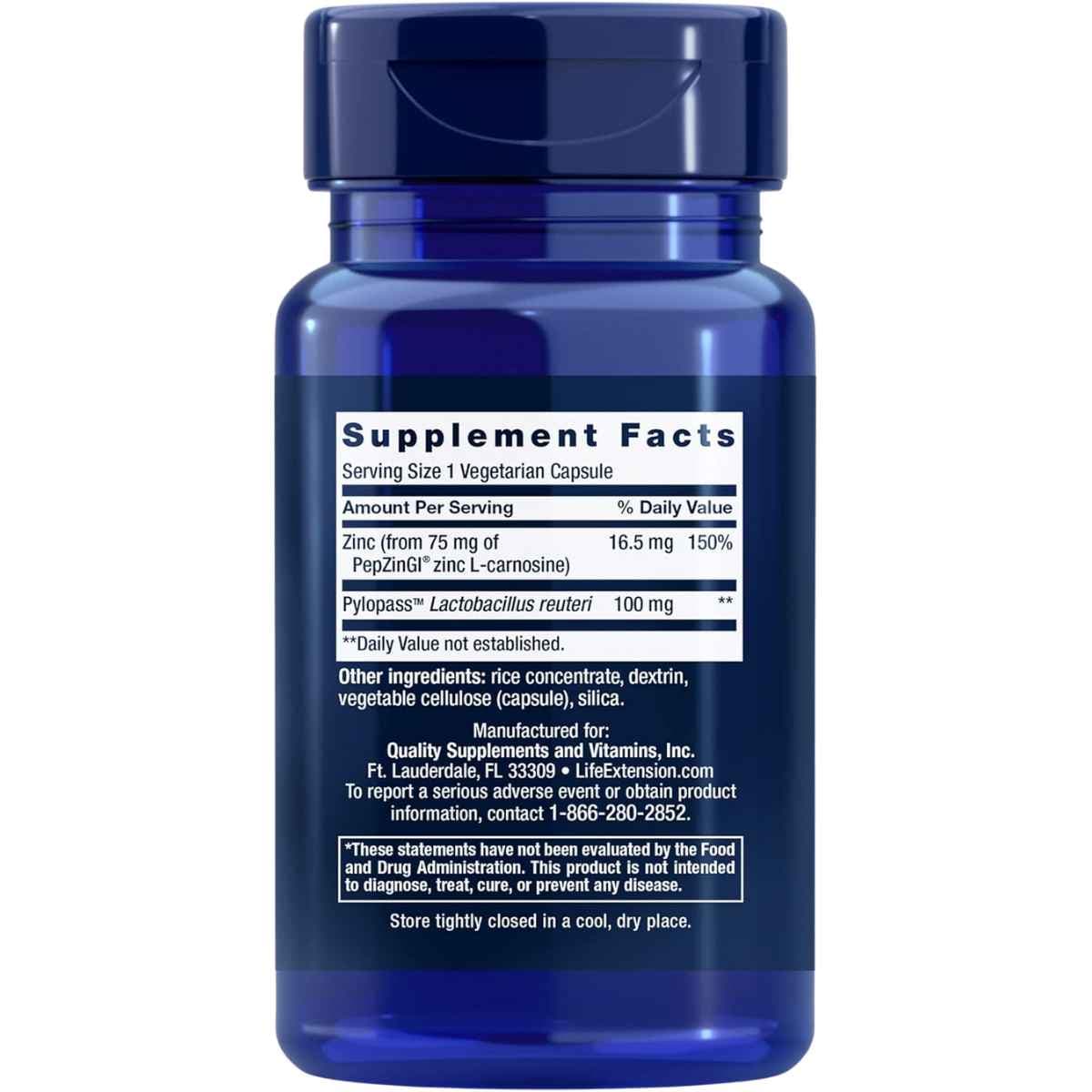 Tabla nutricional del suplemento Life Extension Zinc L-Carnosina 60 cápsulas vegetarianas