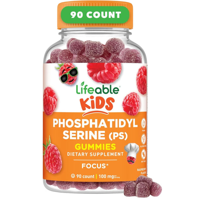 Frasco de suplemento Lifeable Fosfatidilserina para Niños Frambuesa 100 mg 90 gomitas