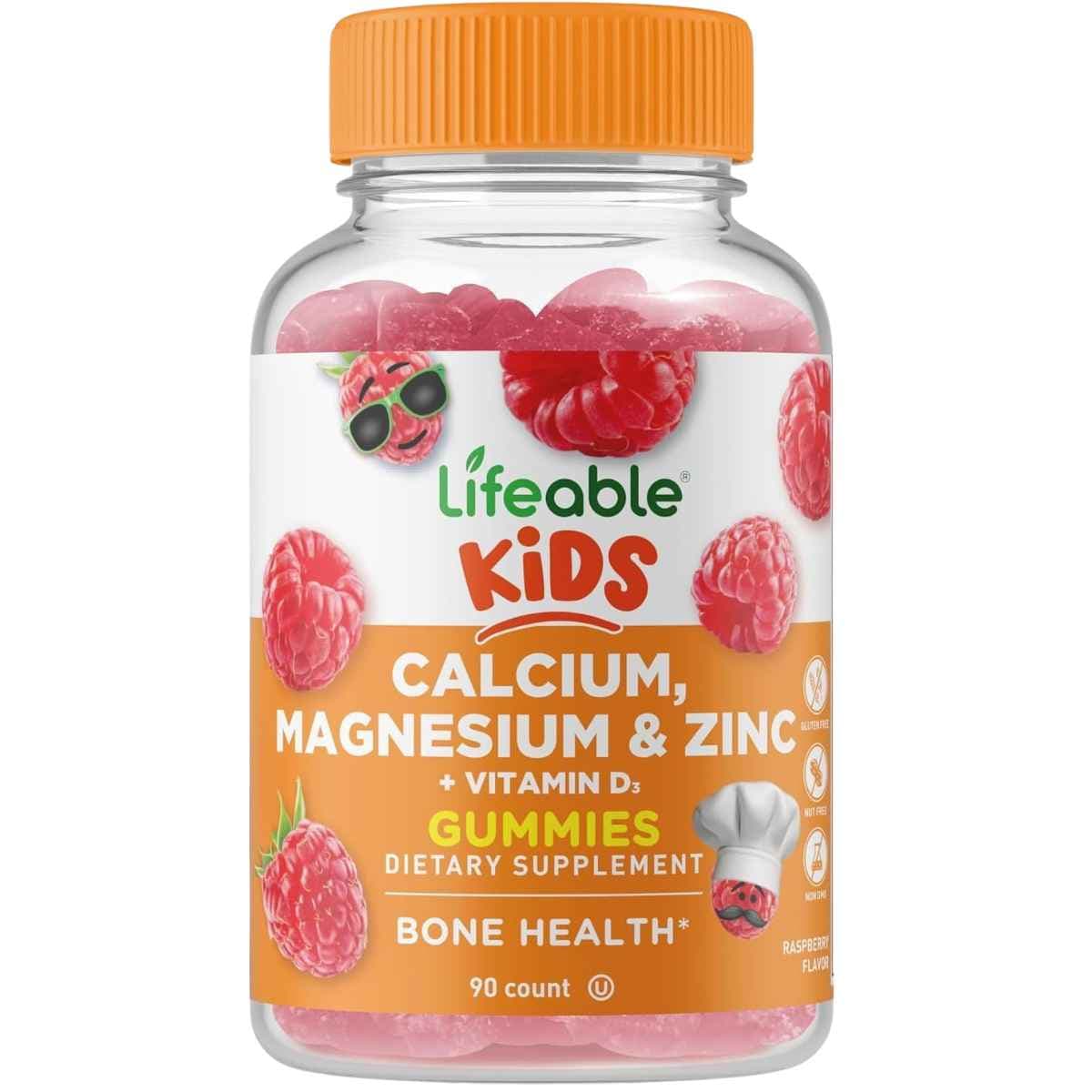 Lifeable Kids calcio, magnesio, zinc y vitamina D3, frasco de 90 gomitas sabor frambuesa, frente