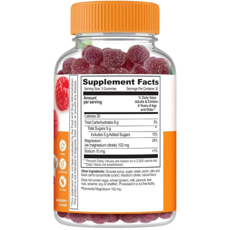 Panel de información del suplemento de Lifeable Kids Citrato de magnesio en gomitas sabor frambuesa, con 102 mg de magnesio por porción de 3 gomitas.