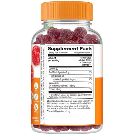 Panel de información del suplemento de Lifeable Kids Citrato de magnesio en gomitas con 102 mg de magnesio y 30 porciones por envase.