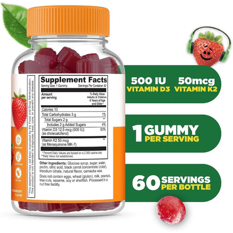 Etiqueta posterior de Lifeable Kids D3 y K2 con información nutricional, ingredientes y cantidades por gomita.