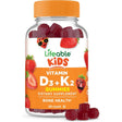 Frasco frontal de Lifeable Kids con vitaminas D3 y K2, sabor fresa y 60 gomitas.