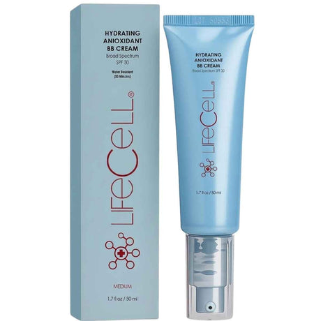 Caja y tubo frontal de LifeCell crema BB con color medio SPF 30, presentación de 50 ml