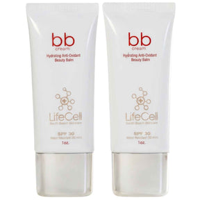 Dos tubos de LifeCell crema BB hidratante con SPF 30, presentación de 1 oz
