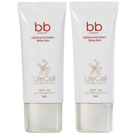 Dos tubos de LifeCell crema BB hidratante con SPF 30, presentación de 1 oz