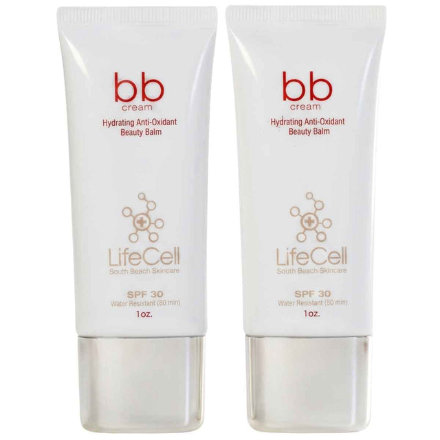 Dos tubos de LifeCell crema BB hidratante con SPF 30, presentación de 1 oz