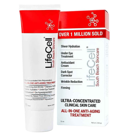 Tubo y caja de crema cosmética facial LifeCell en presentación de 75 ml