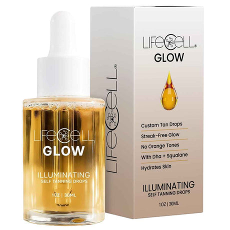 LifeCell Glow gotas autobronceadoras de 30 ml con frasco cuentagotas y caja