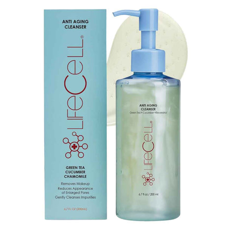 Caja y envase de LifeCell limpiador facial con dispensador, presentación de 200 ml