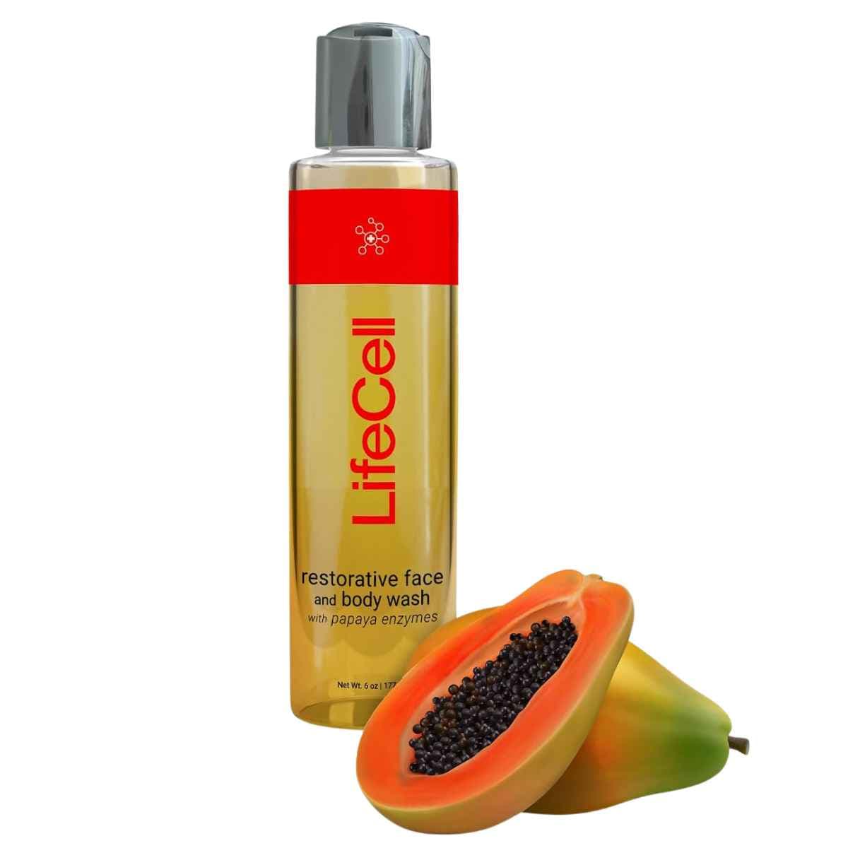 Envase frontal de LifeCell limpiador facial y corporal con enzimas de papaya, presentación de 177 ml