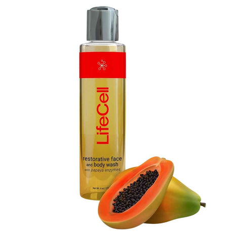 Envase frontal de LifeCell limpiador facial y corporal con enzimas de papaya, presentación de 177 ml