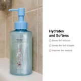 Envase de LifeCell Anti Aging Cleanser con dispensador e infografía sobre hidratación, suavidad y elasticidad de la piel
