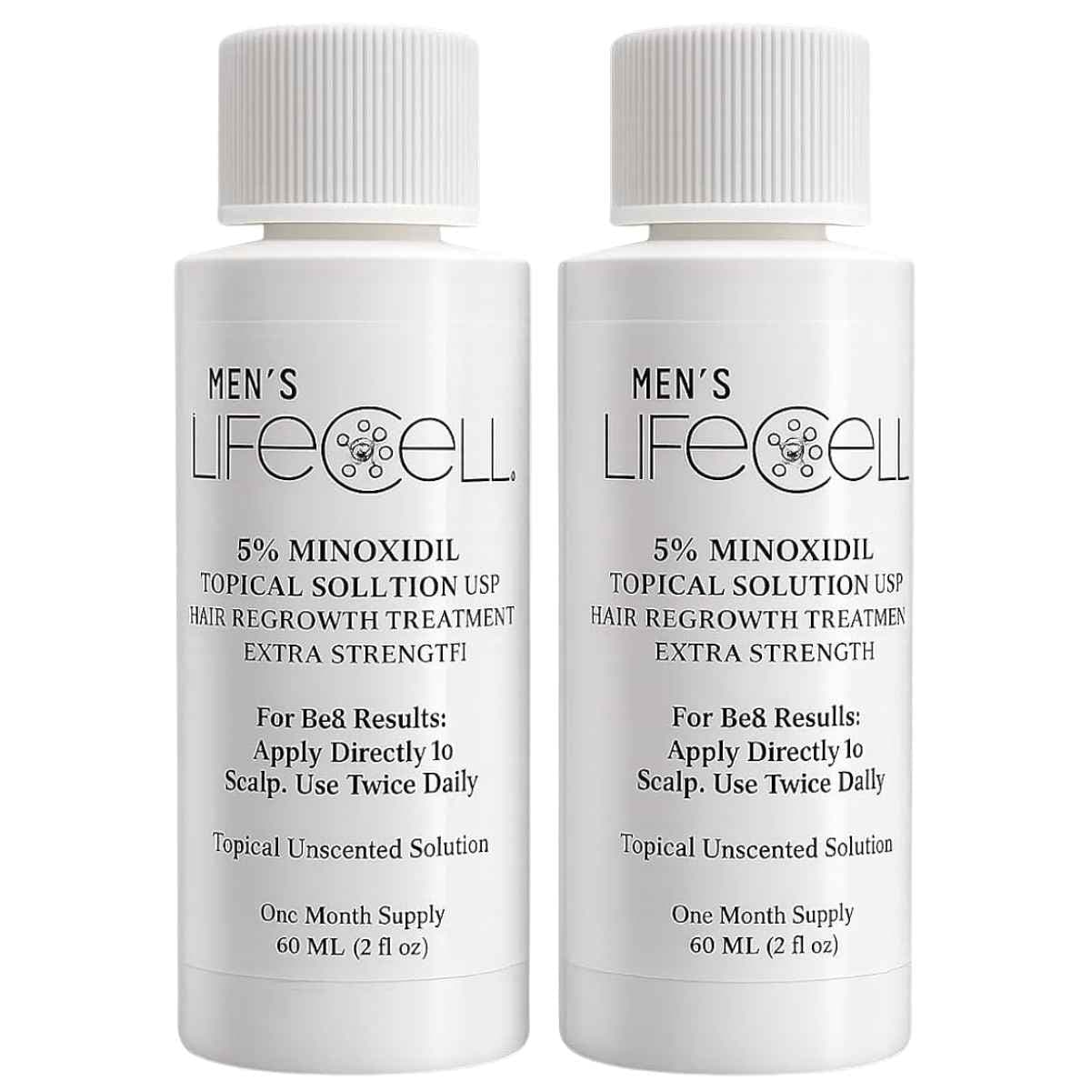 Dos botellas frontales de solución tópica LifeCell con minoxidil al 5 % para hombres, de 60 ml cada una