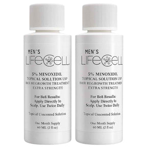 Dos botellas frontales de solución tópica LifeCell con minoxidil al 5 % para hombres, de 60 ml cada una