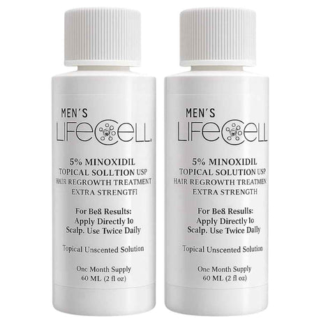 Dos botellas frontales de solución tópica LifeCell con minoxidil al 5 % para hombres, de 60 ml cada una