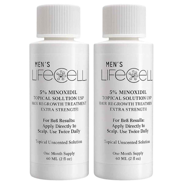 Dos botellas frontales de solución tópica LifeCell con minoxidil al 5 % para hombres, de 60 ml cada una