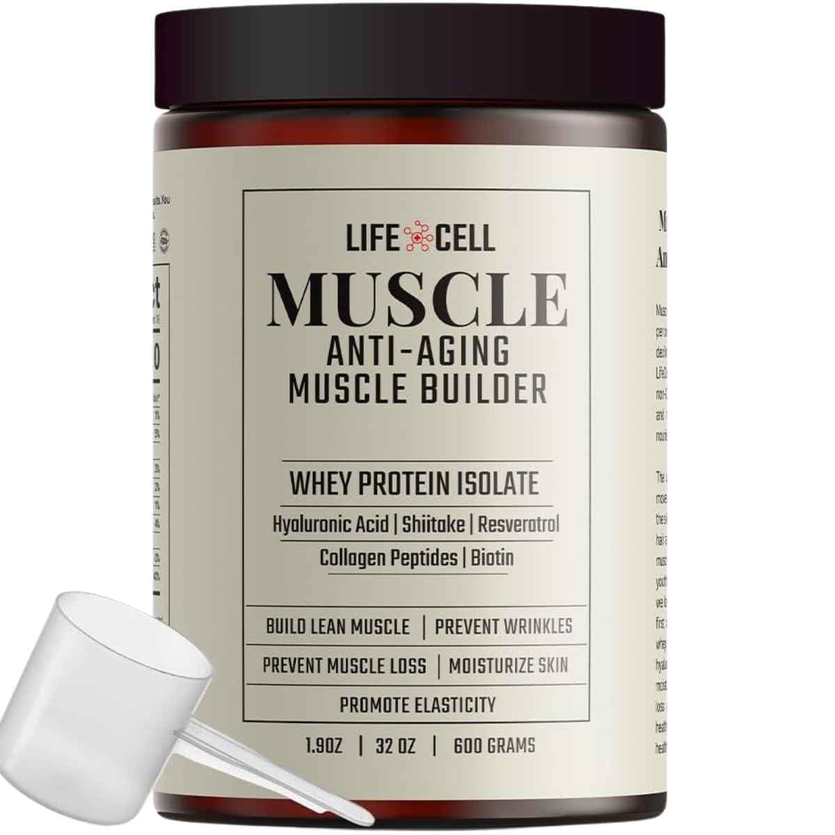 Frasco frontal de LifeCell Muscle con proteína de suero y colágeno, variante Chocolate