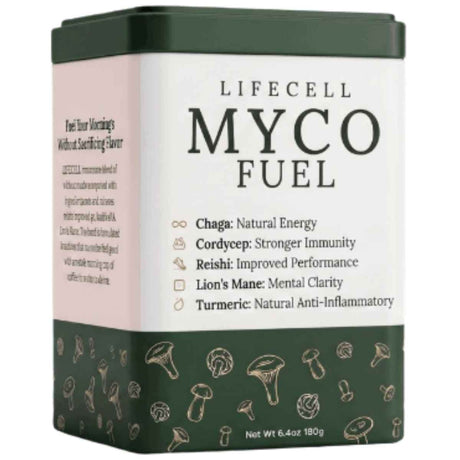 Envase frontal de LifeCell Myco Fuel, mezcla en polvo de hongos de 180 g