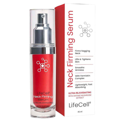 Frasco y caja de sérum cosmético LifeCell para cuello en presentación de 45 ml