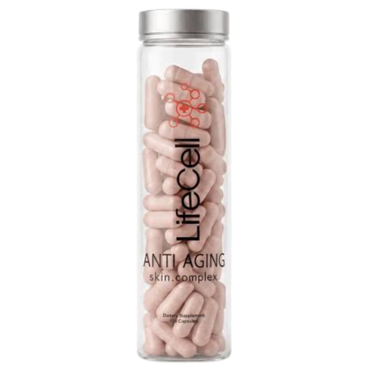Frasco frontal de LifeCell Skin Complex con colágeno y antioxidantes, presentación de 120 cápsulas.