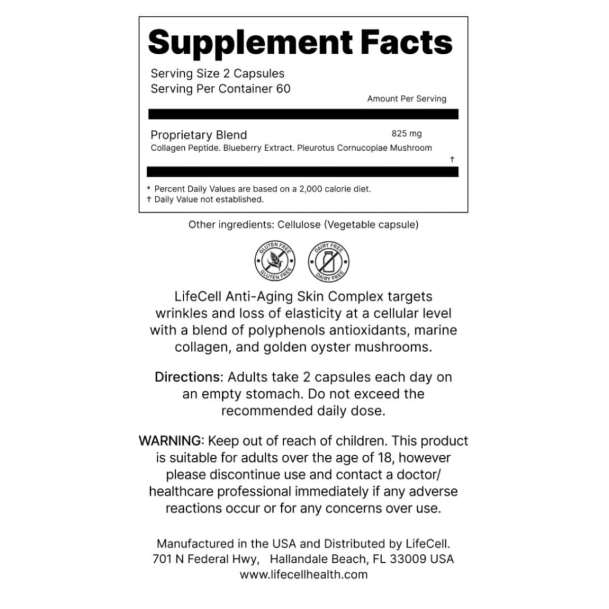Información del suplemento LifeCell Skin Complex con mezcla propietaria de 825 mg por porción de 2 cápsulas.