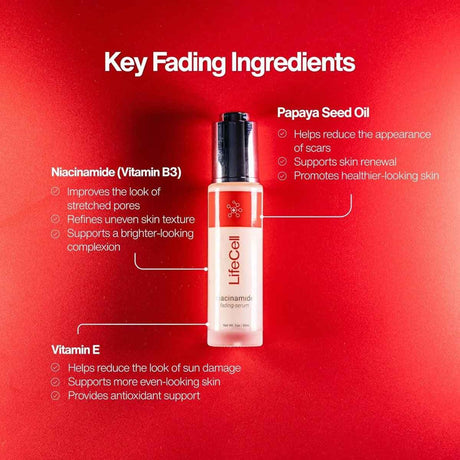 Etiqueta lateral de LifeCell suero facial con niacinamida y lista de ingredientes