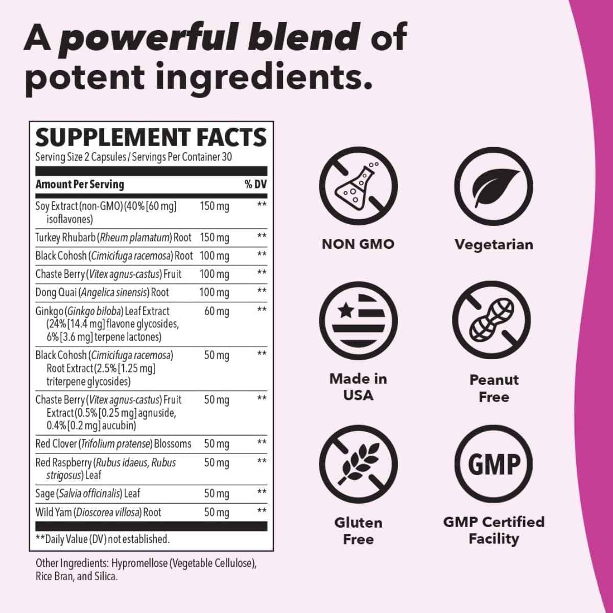Tabla nutricional del suplemento LifeSeasons Pausitivi-T Fórmula Herbal para Mujer 60 cápsulas